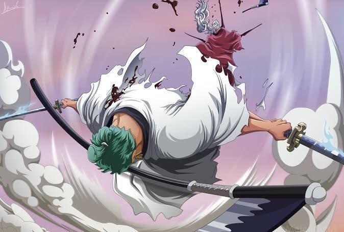 Ilustrasi pertarungan Zoro karya seniman yang ditampilkan di hero
